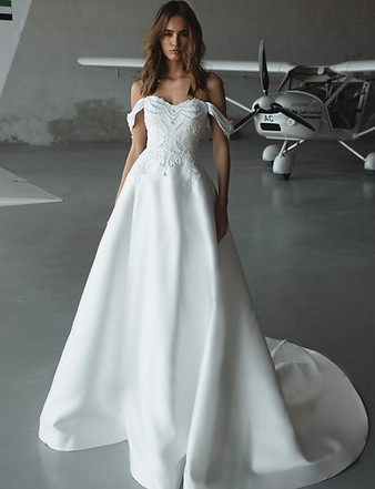 FRAU DETAILED BODICE SATIN A LINE WEDDING DRESS OFF THE SHOULDER ROMANOVA ATELIER NORTHAMP
