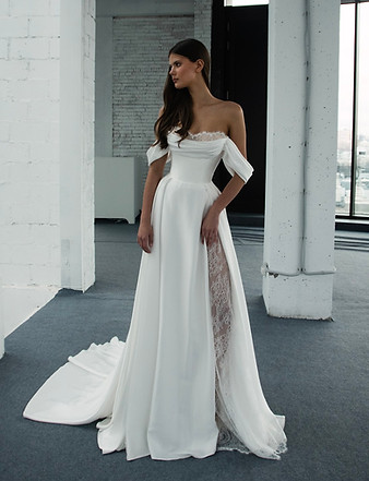 flanrie satin a line wedding dress lace detachable sleeves peekaboo cowl neckline