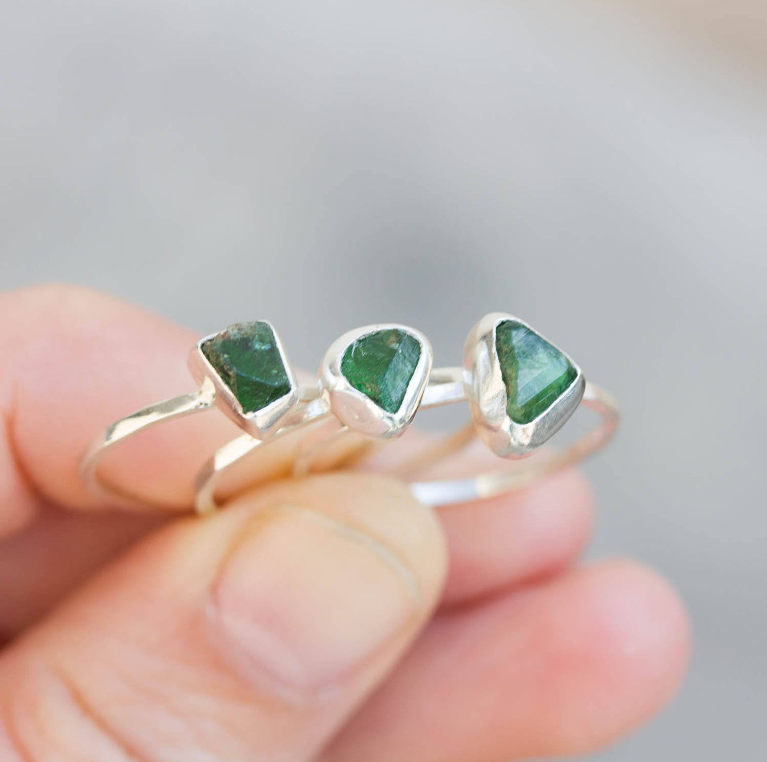 Uvite Tourmaline ring in Sterling Silver, deep green raw tourmaline