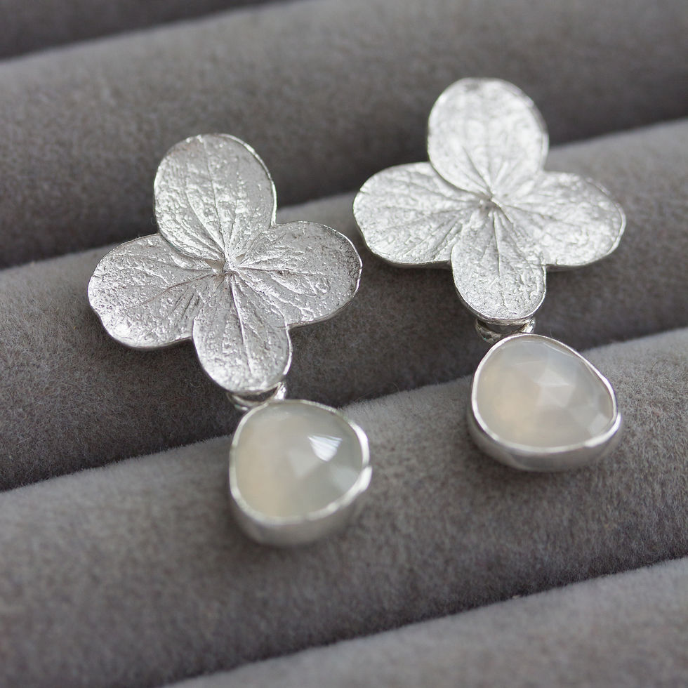 Thumbnail: Moonstones and hydrangea bloom earrings in sterling and fine silver