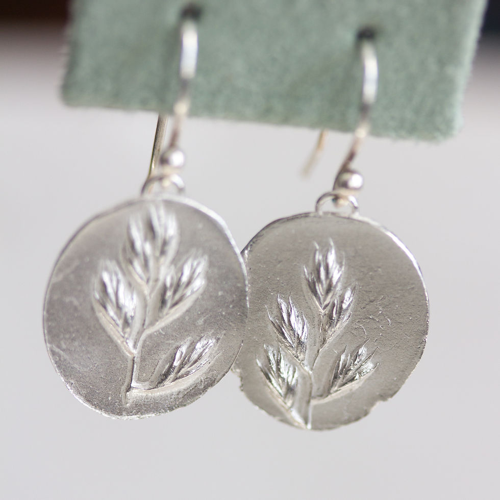 Thumbnail: Nature inspired dangle earrings with grass impressions in fine and sterling silv
