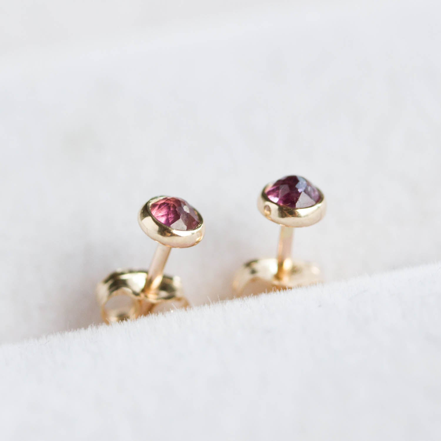 Pink Tourmaline stud earrings, dainty studs, gold, October Birthstone