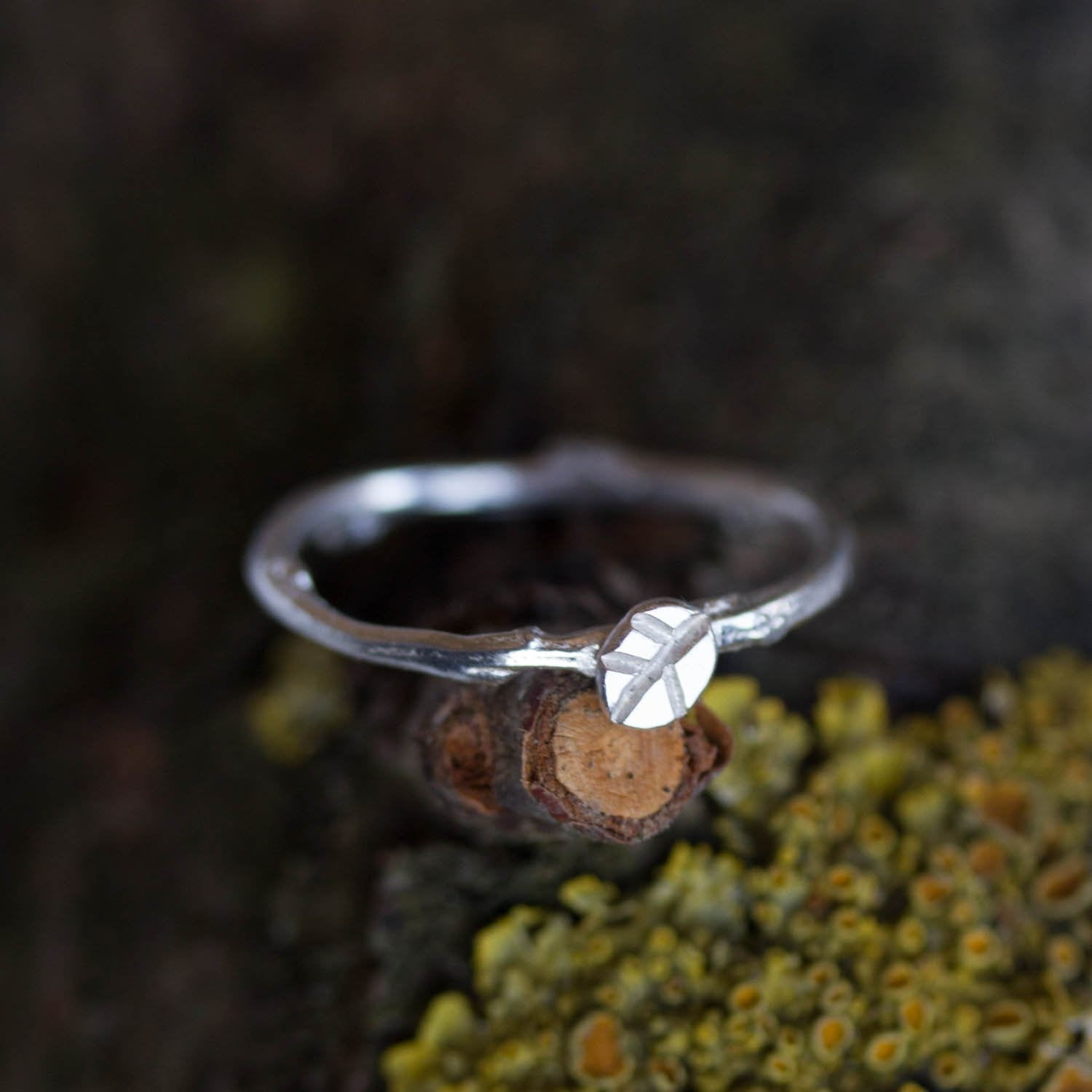Twig ring with a tiny leaf - fine silver branch ring, Nature inspired
