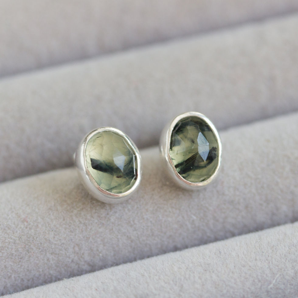 Thumbnail: Rutilated Prehnite stud earrings, sterling silver
