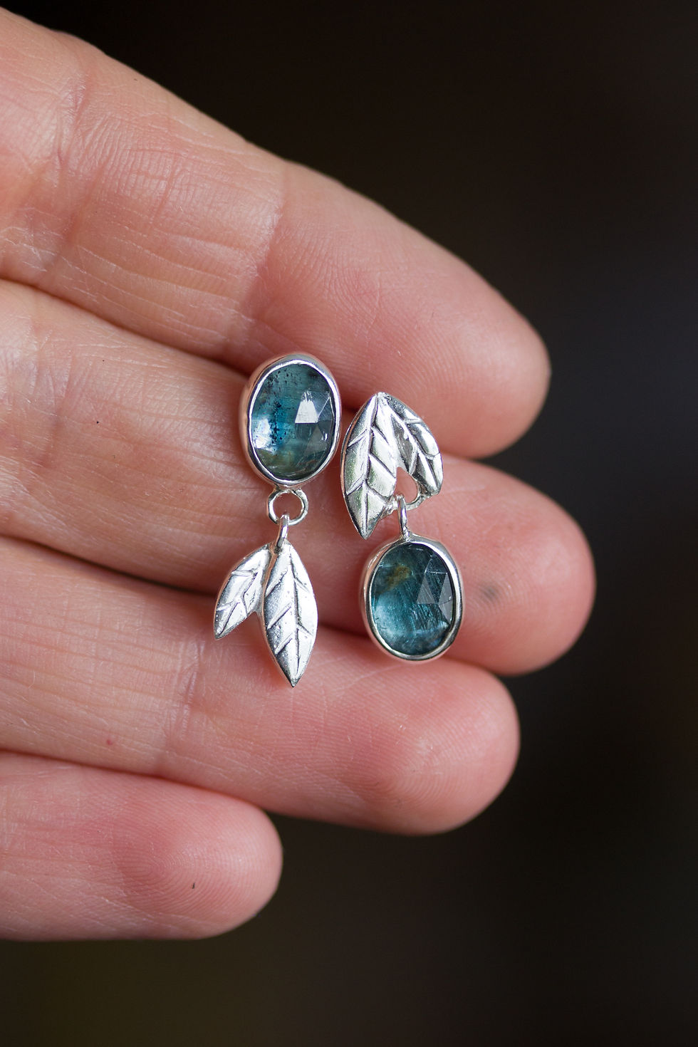 Thumbnail: Asymmetrical earrings with moss kyanite stones, sterling silver