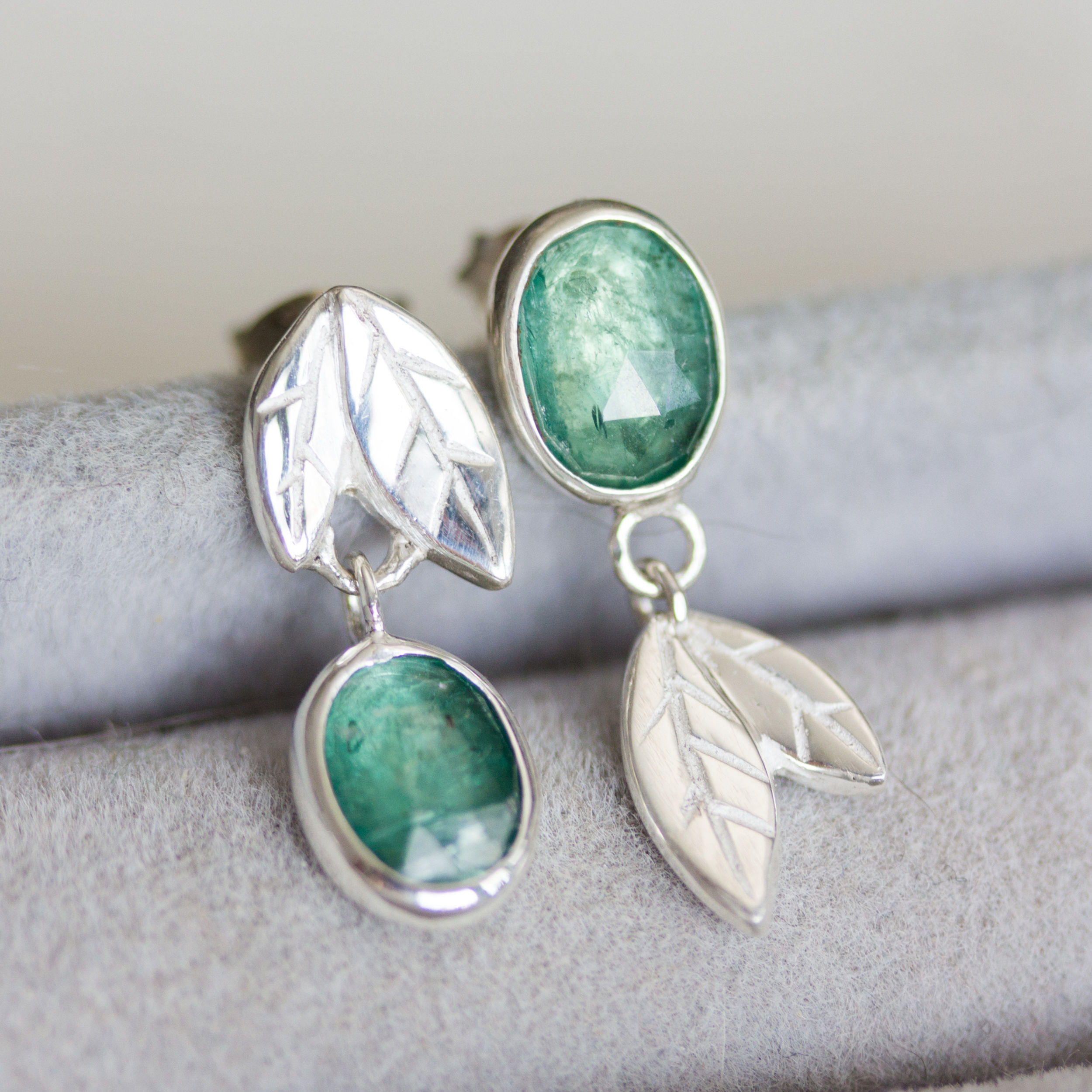 Asymmetrical earrings with sea blue-green kyanite stones, sterling silver