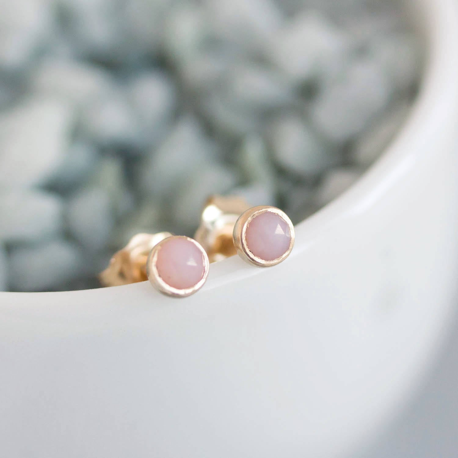 Pink Opal stud earrings, sterling silver or gold, dainty earrings