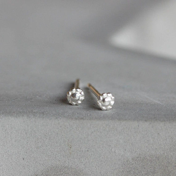 Thumbnail: Tiny flower stud earrings - sterling silver, minimal, simple every day earrings