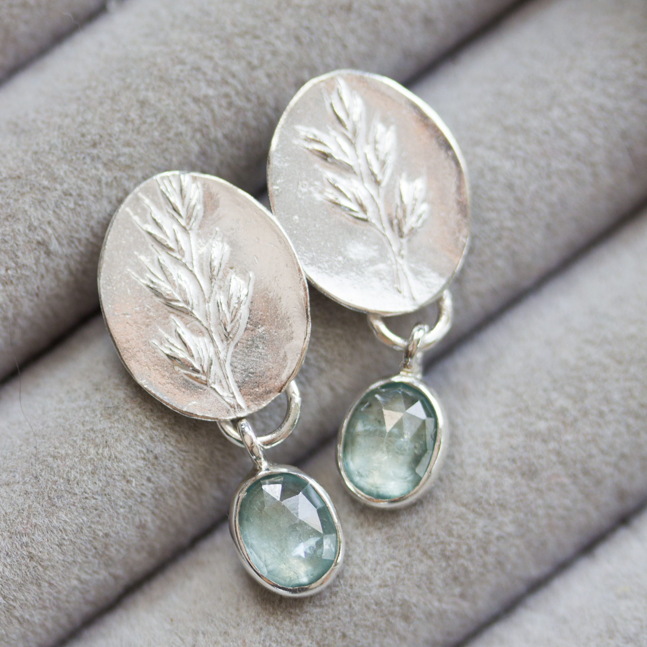 Nature inspired earrings with steel blue kyanite stones