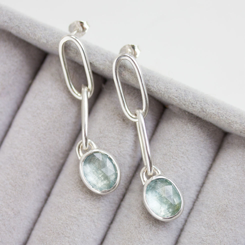 Thumbnail: Dangle earrings with ocen blue moss kyanite stones, sterling silver