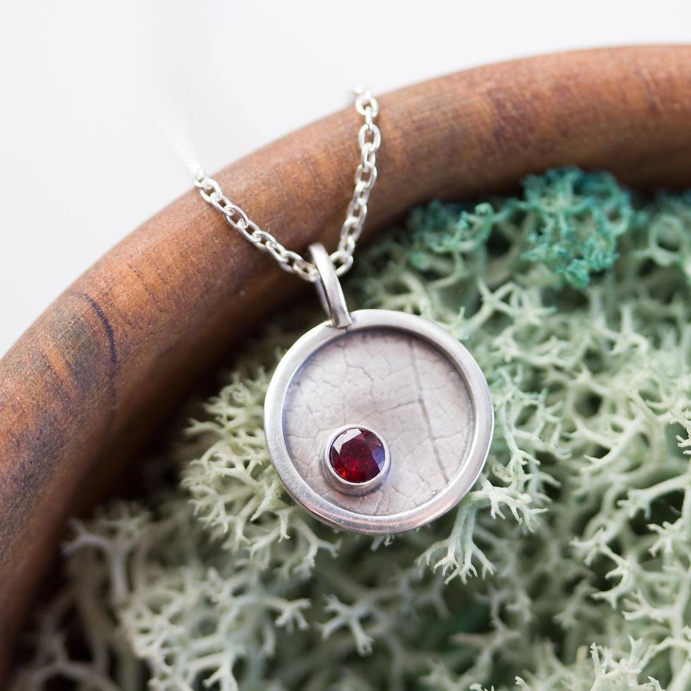 Thumbnail: Garnet necklace - leaf texture, sterling silver