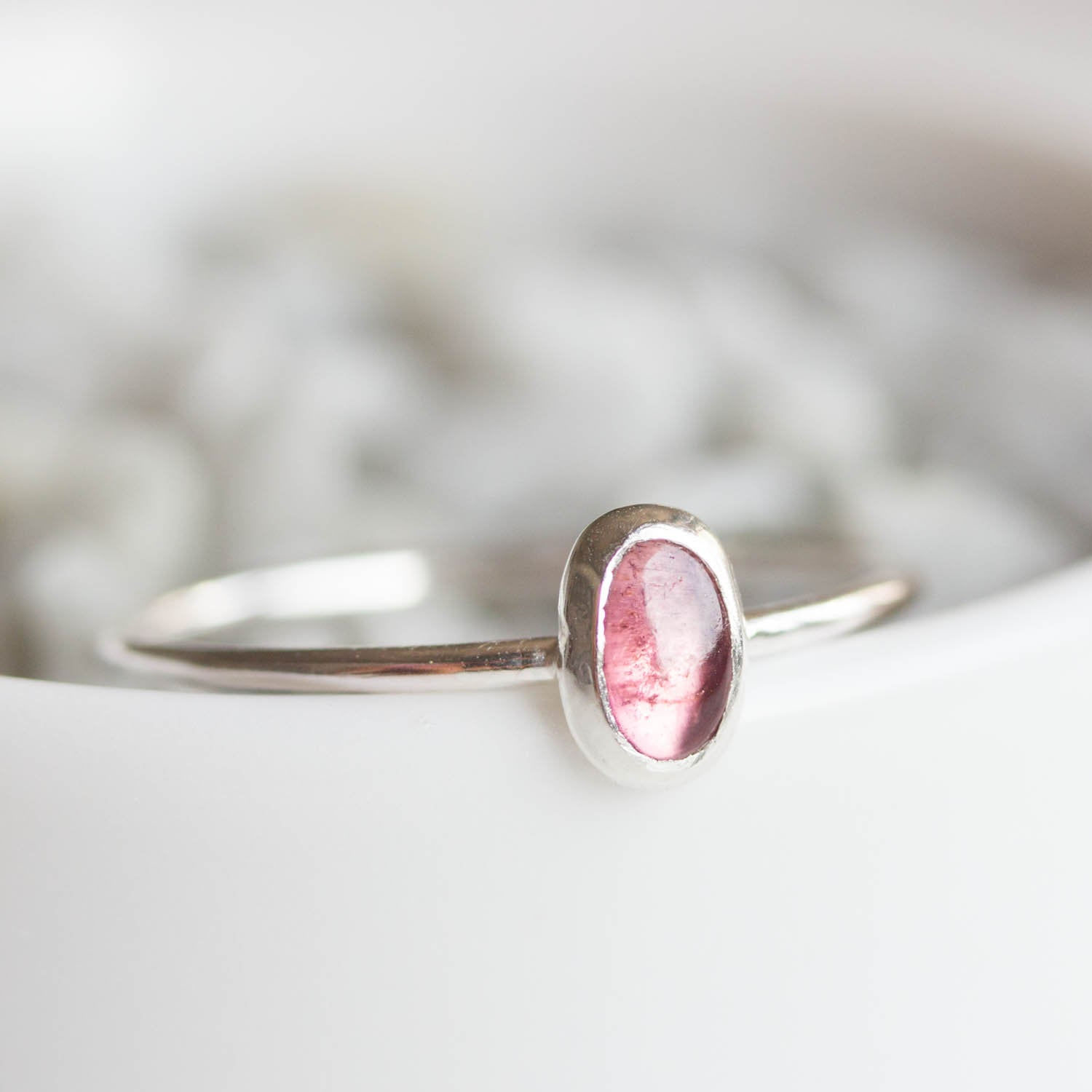 Oval Pink Tourmaline ring - skinny stackable ring with pink Tourmaline stone