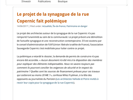 Le projet de la synagogue de la rue Copernic fait polémique