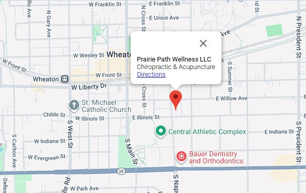Close-up view of a map showing the location of a chiropractic clinic in Wheaton