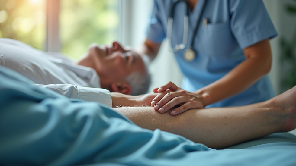 Eye-level view of a therapist performing manual therapy on an elderly patient