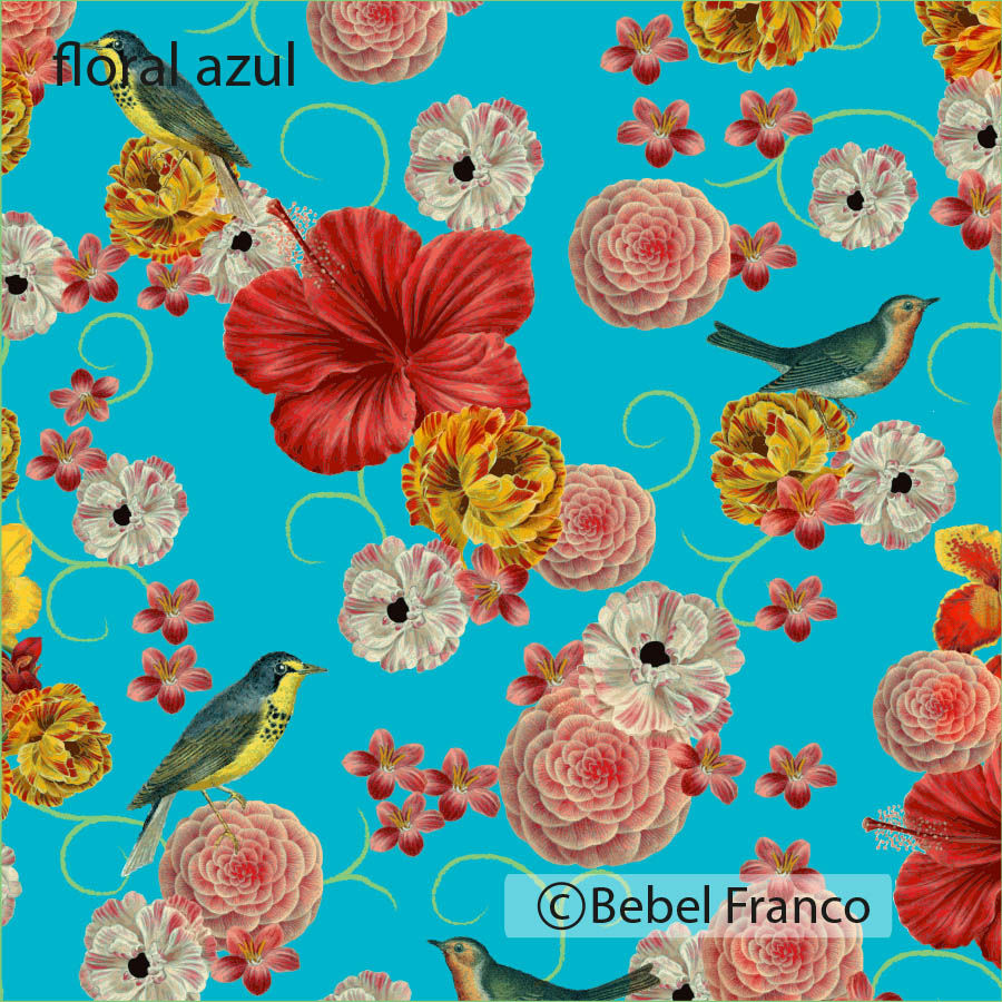 papel de parede estampado floral azul