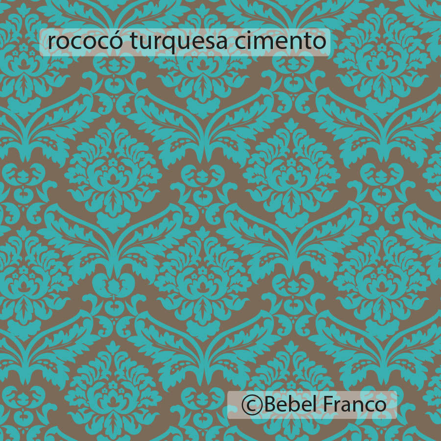 papel de parede estampa rococó cimento e turquesa