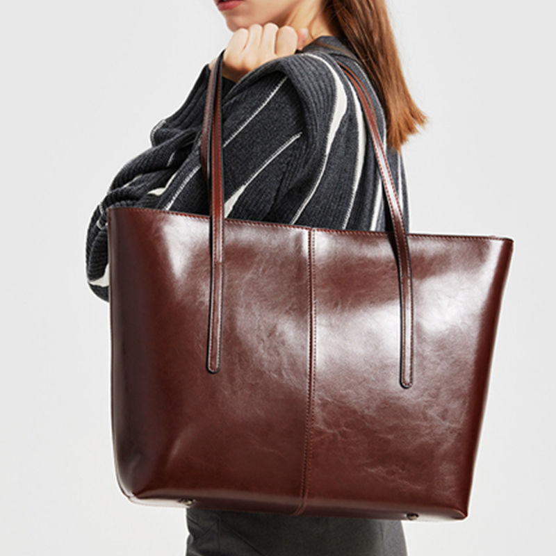 BURMINSA Large Genuine Leather Tote Bag Women Vintage Cowhide Shoulder Bag Lapto