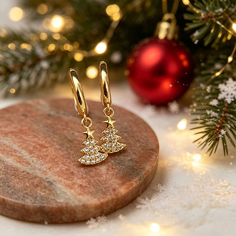 Huitan Gold Color Christmas Tree Dangle Earrings for Women Paved Sparkling Cubic