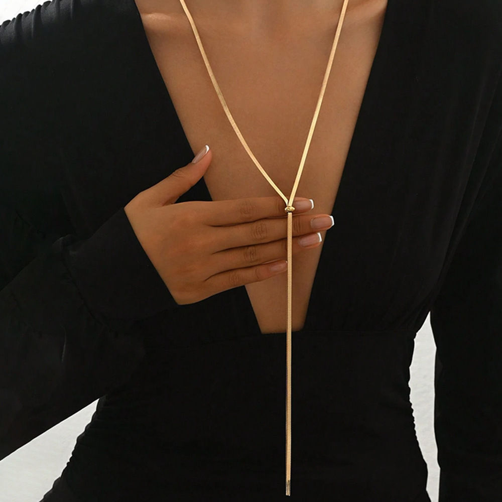 Punk Long Flat Snake Bone Chain Necklace for Women Stainless Steel Gold Color Y-