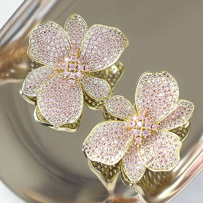 Huitan Elegant Flower Design Lady Earrings Inlaid Shiny Pink/White CZ Sweet Acce