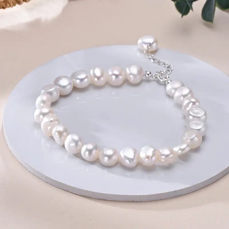 HENGSHENG Classics 925 Sterling Silver Freshwater 8-9mm White Pearl Baroque Brac