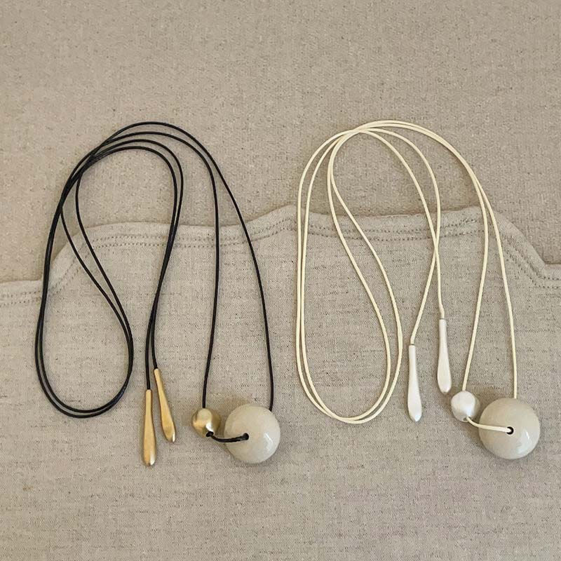 Korean White Cord Bead Pendant Necklace For Women Simple Long Adjustable Sweater