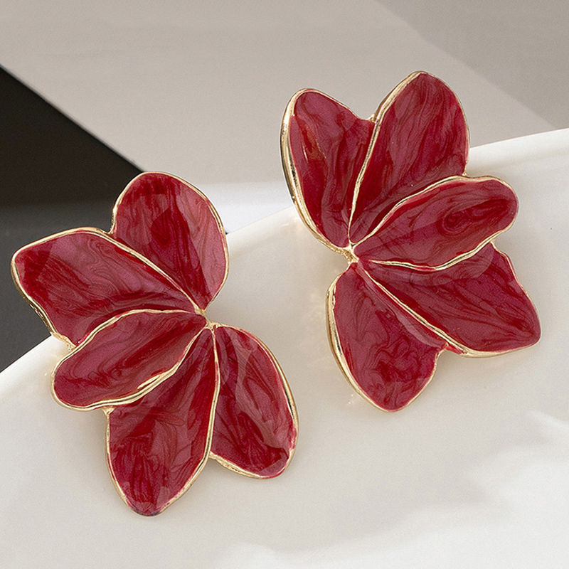 Metal Flower Red Enamel Petal Post Earrings For Women Fashion Jewelry Trendy Sty