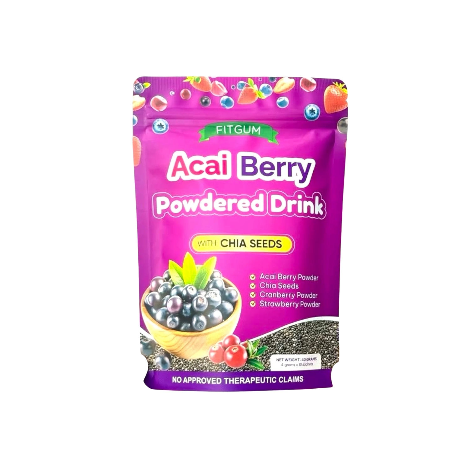 FITGUM Acai Powdered Drink Powder with Chia Seeds – 10 Sachets