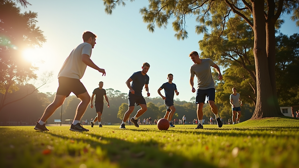 Wide angle view of a local park with men playing football in the afternoon