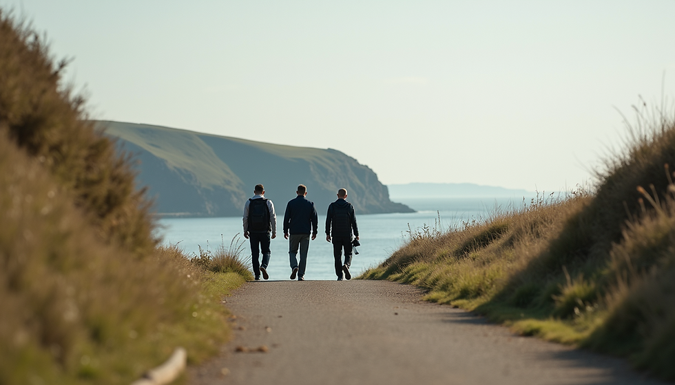 men walking together towards the coast