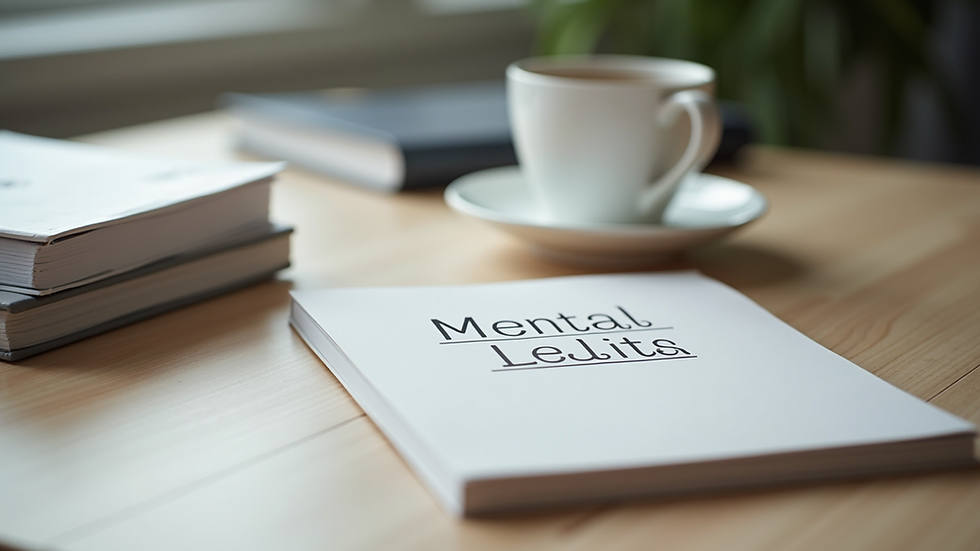 Close-up view of a desk with mental health workbooks and a cup of tea