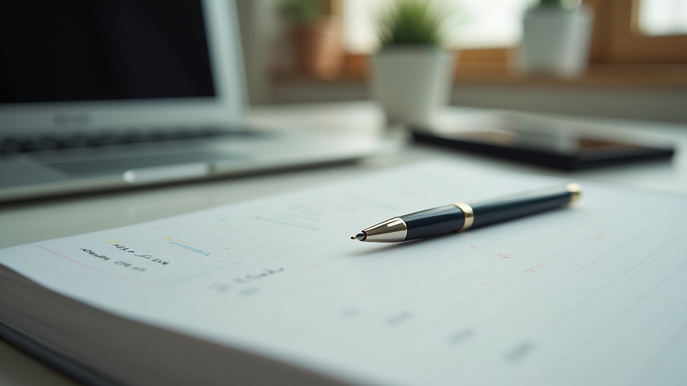 Eye-level view of a calm workspace with a notebook and pen