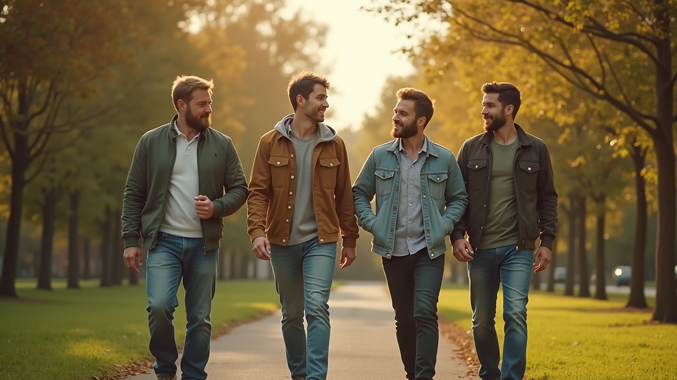 Close-up view of a local park with a group of men walking together