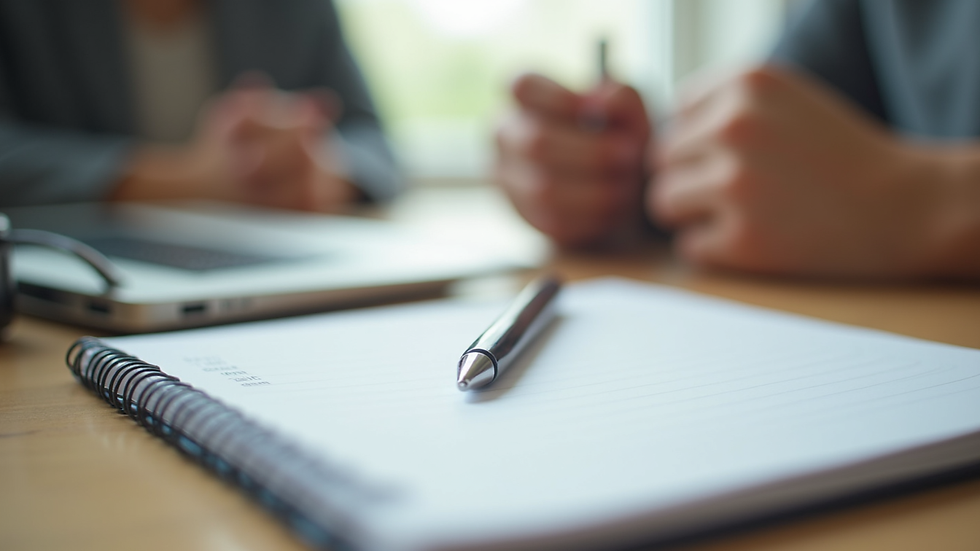 Close-up view of a notebook and pen on a therapy desk, ready for a session