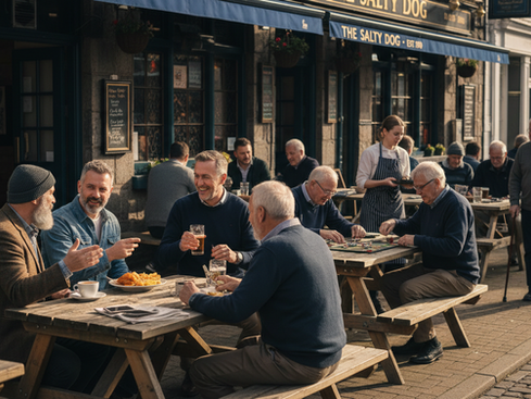 men at a local pub meeting over food and drinks