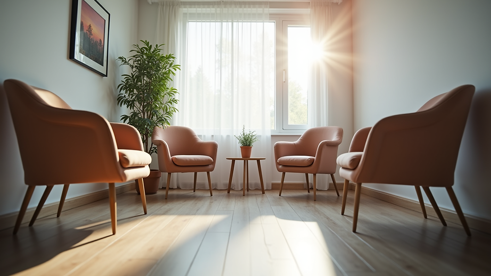 Eye-level view of a counselling room with two chairs and a small table