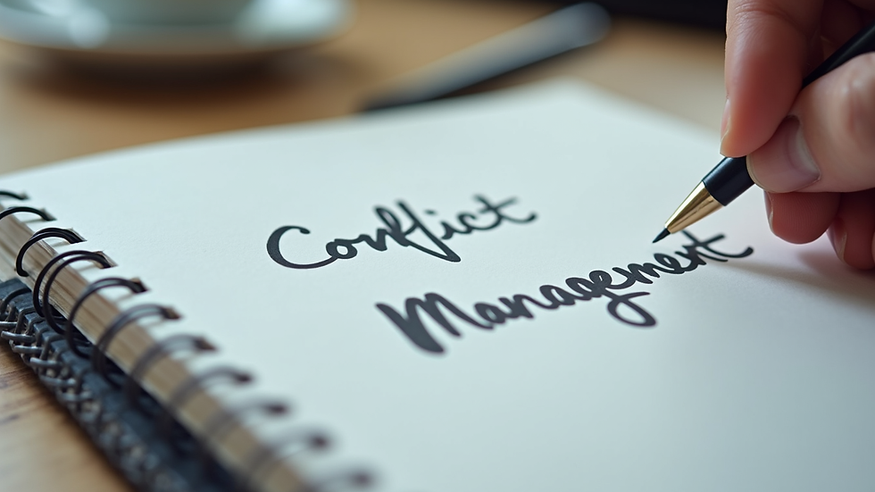 Close-up view of a notebook with handwritten notes on conflict management