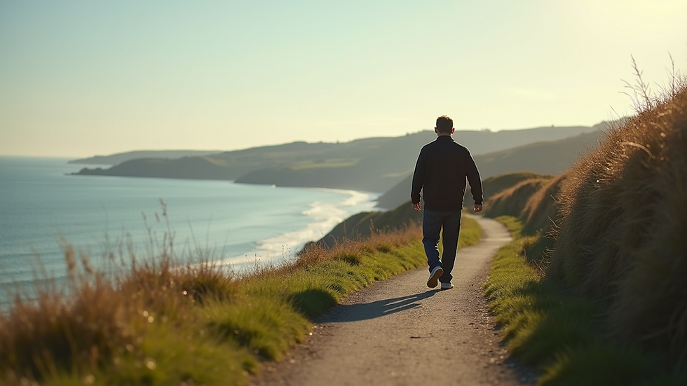 Eye-level view of a man walking along a coastal path in Plymouth
