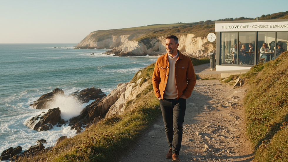 Eye-level view of a man walking along a coastal path in Plymouth