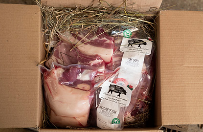 Dark and succulent vacuum-packed and labelled pork cuts in a box on haylage