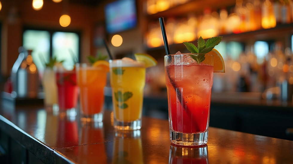 Close-up view of colourful cocktails on a bar counter