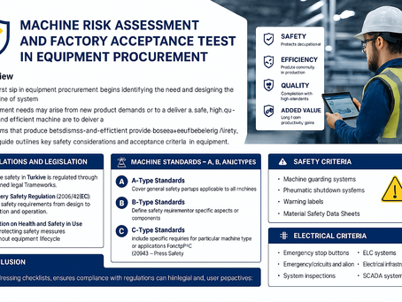 A professional industrial visual illustrating machine risk assessment and Factory Acceptance Testing (FAT) processes. The visual features an engineer working on a production line, controlling robotic production equipment via a tablet. The content presents machine safety, FAT processes, A-B-C class machine standards, safety criteria, and electrical control topics using a modern infographic design. Themes of safety, quality, efficiency, and business continuity are highlighted using the company's blue and yellow colors.