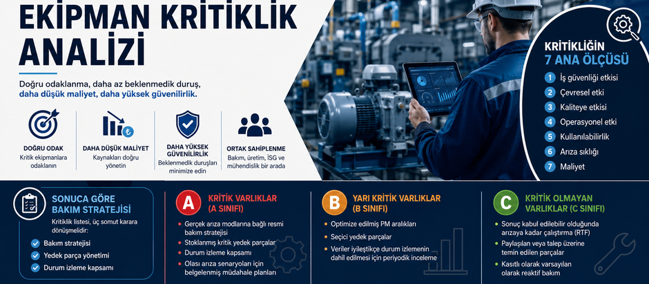 Makale, bakım yönetiminde ekipman kritiklik analizinin neden sürdürülebilir bakım sistemlerinin temelini oluşturduğunu ele alıyor. İçerikte tüm ekipmanlara aynı bakım yaklaşımının oluşturduğu iş yükü, plansız duruşlar ve kaynak kayıpları açıklanırken; ekipmanların A, B ve C sınıflarına ayrılarak bakım stratejilerinin buna göre şekillendirilmesi gerektiği vurgulanıyor. Ayrıca kritikliğin 7 ana ölçüsü, yedek parça yönetimi, durum izleme süreçleri, departmanlar arası iş birliği ve performans kriterleri detaylı şekilde değerlendiriliyor.