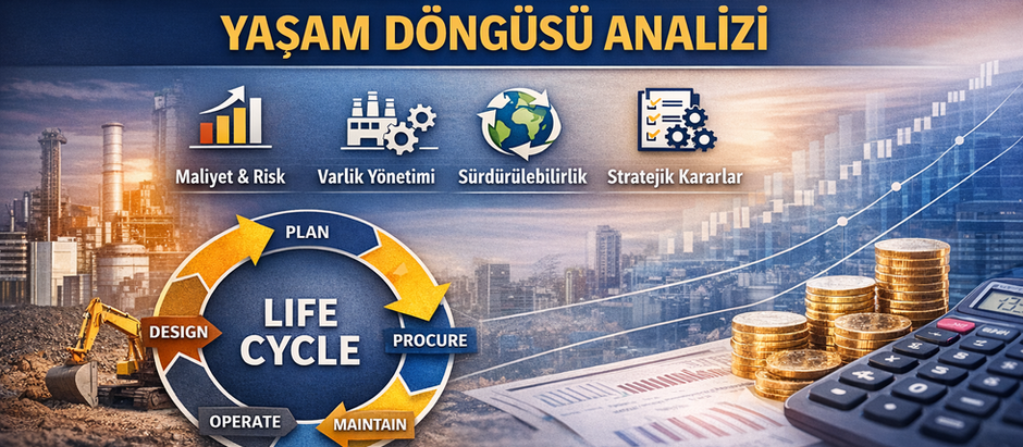 Belirsiz ekonomik ortamda yatırım kararlarını ele alan görsel; “Yaşam Döngüsü Analizi” başlığı altında maliyet ve risk yönetimi, varlık yönetimi, sürdürülebilirlik ve stratejik kararlar temalarını simgeler. Merkezde planlama, tasarım, tedarik, işletme ve bakım aşamalarını gösteren yaşam döngüsü diyagramı; arka planda endüstri, finans ve büyüme grafiklerini temsil eden görseller yer alır.