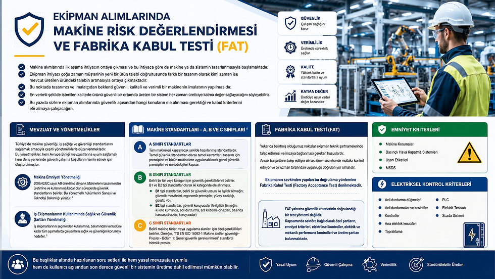 Makine risk değerlendirmesi ve Fabrika Kabul Testi (FAT) süreçlerini anlatan profesyonel endüstriyel görsel. Görselde üretim hattında çalışan bir mühendis, robotik üretim ekipmanlarını tablet üzerinden kontrol ederken yer alıyor. İçerikte makine güvenliği, FAT süreçleri, A-B-C sınıfı makine standartları, emniyet kriterleri ve elektriksel kontrol başlıkları modern infografik tasarım ile sunuluyor. Güvenlik, kalite, verimlilik ve iş sürekliliği temaları mavi ve sarı kurumsal renklerle vurgulanıyor.