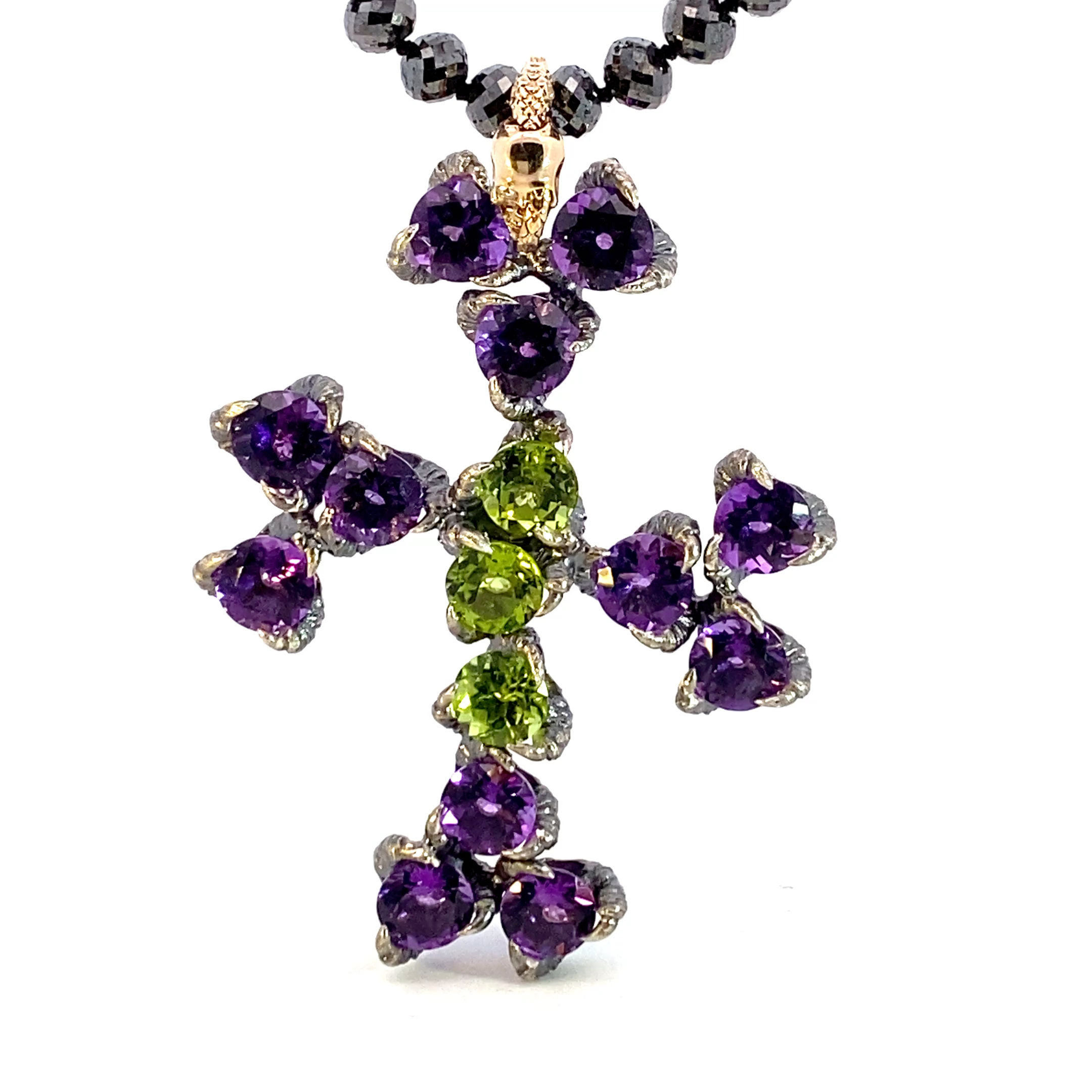 Alp Sagnak 14k Yellow Gold 925k Silver Cross Pendant Diamonds Amethyst Peridot