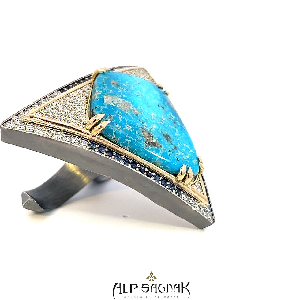 Thumbnail: Alp Sagnak 14K Yellow Gold Silver The Persian Two Finger Ring Diamonds Turquoise
