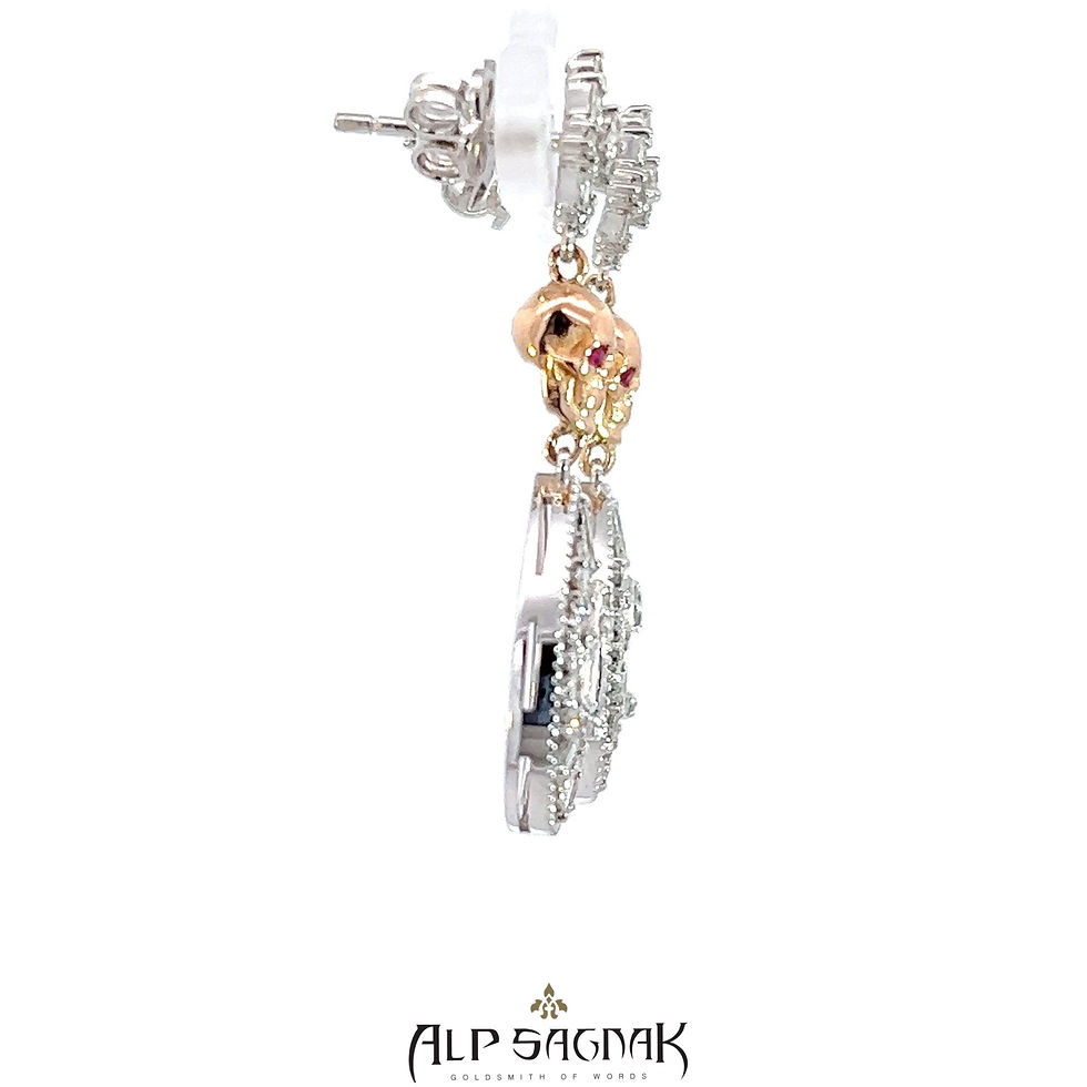 Thumbnail: Alp Sagnak 14 K White Gold Rose Gold Art Deco Skull Earrings Diamonds Rubies