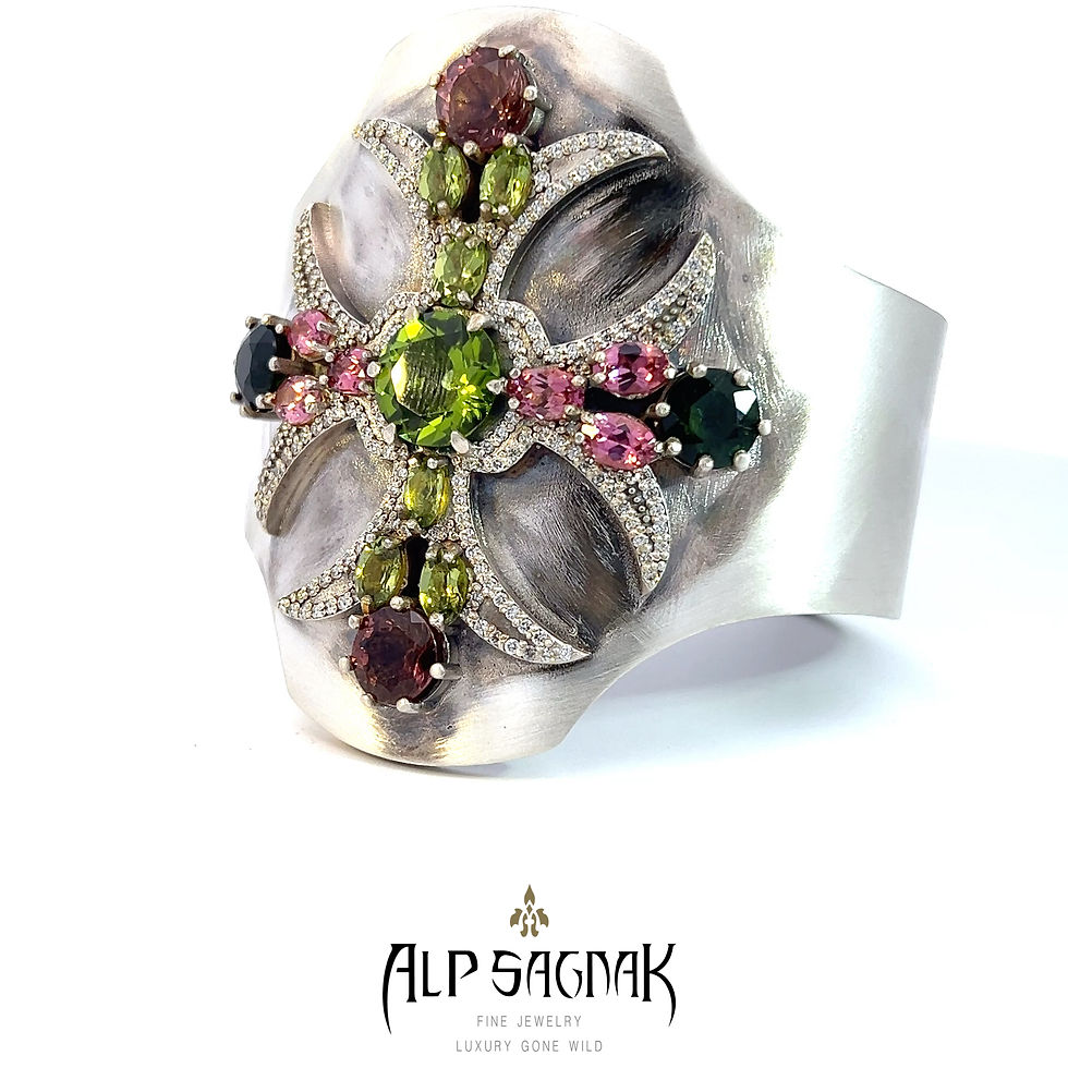 Thumbnail: Alp Sagnak 925K Silver And 18K Gold Cross Cuff Diamond  Tourmaline Peridot